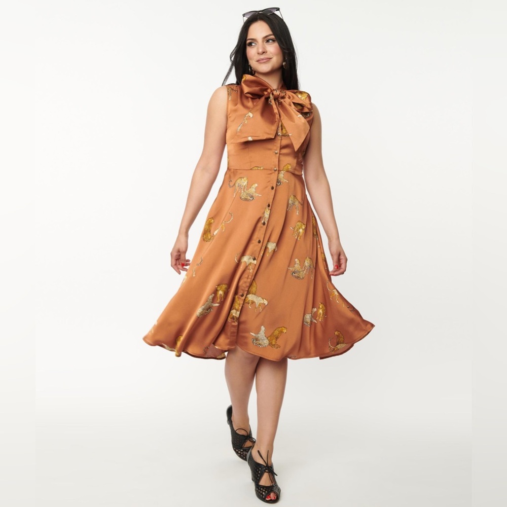Unique Vintage Copper Tie Neck Fit Flare Dress w/ Gold Cheetah Accents, Sz Large